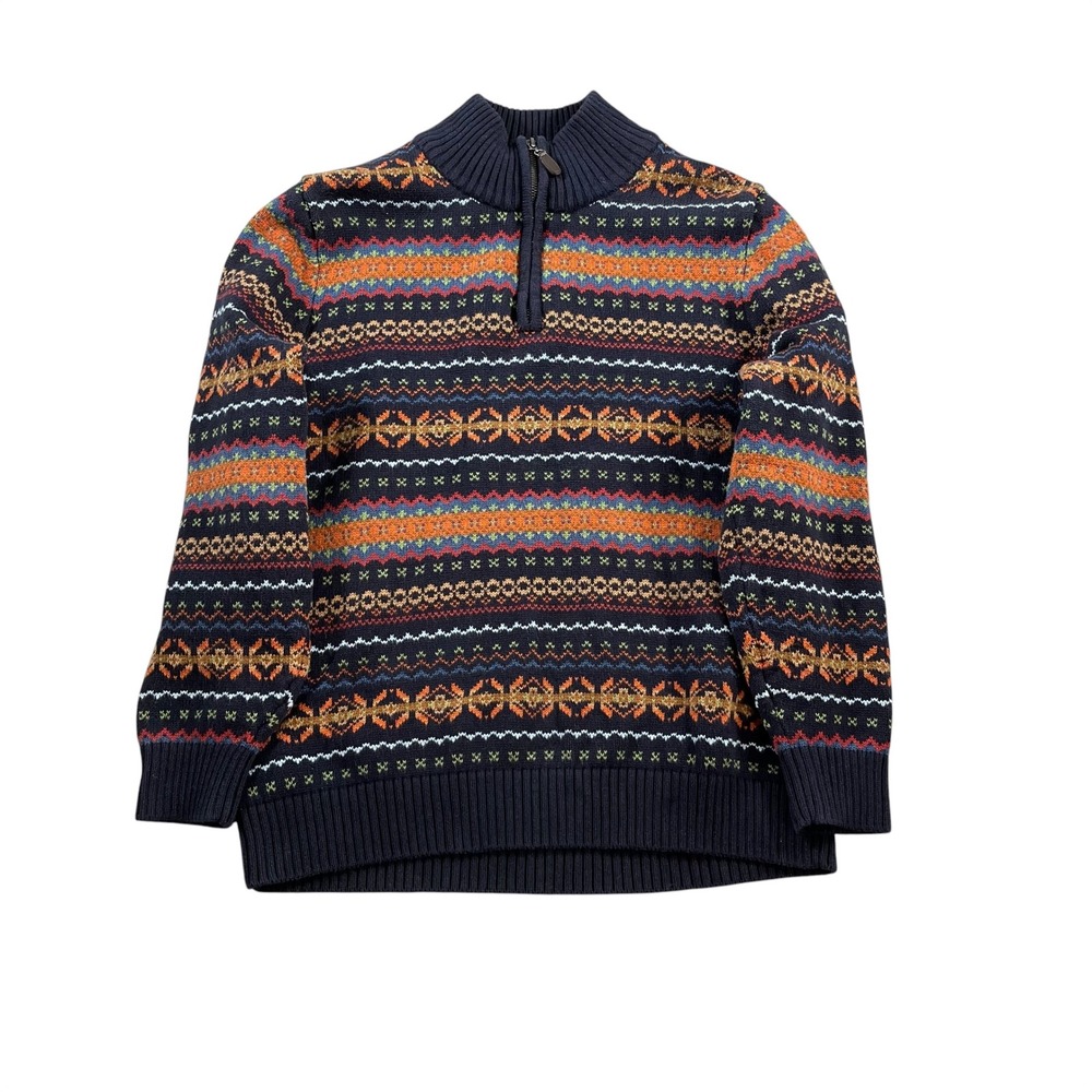 LL Bean Mens Size Large Fair Isle 1/4 Zip Pullover Cotton Sweater Navy Multi